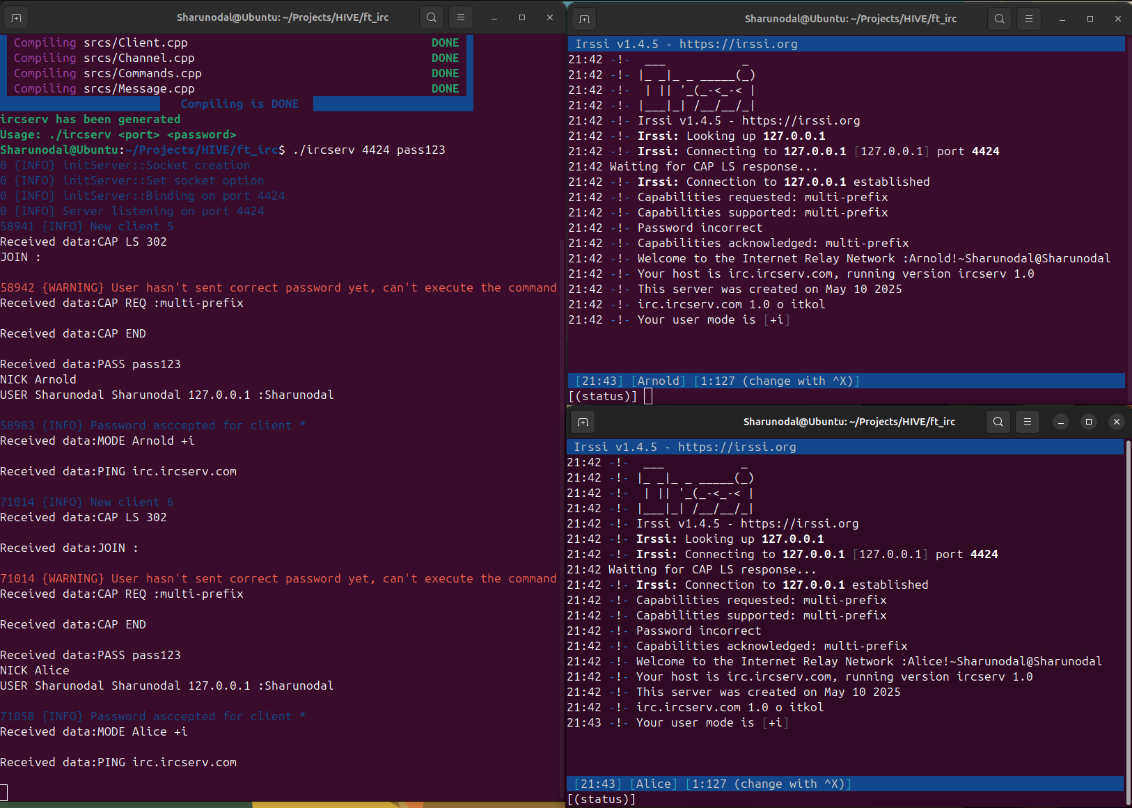 IRC server logs beside two Irssi clients completing capability negotiation, password validation, and user registration as Arnold and Alice.